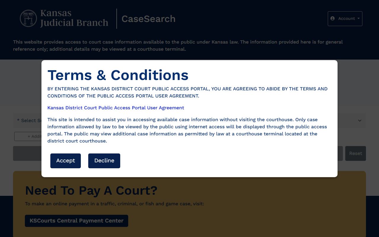 Kansas Case Search portal for Wabaunsee County court records after jail arrest
