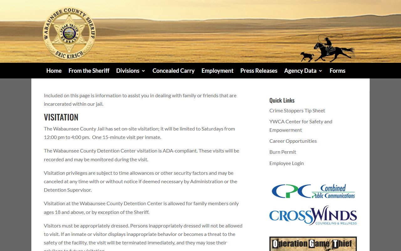 Wabaunsee County Jail detention center visitation and inmate service rules