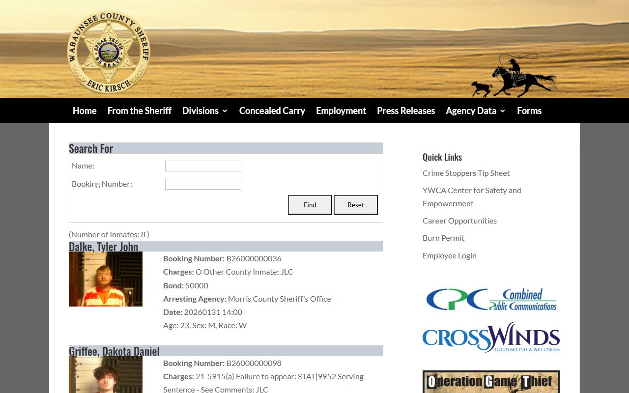Wabaunsee County inmate population jail roster search fields and current inmate entries