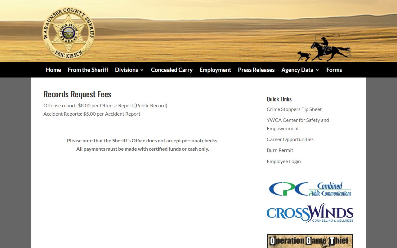 Wabaunsee County sheriff records fees for booking photo request context